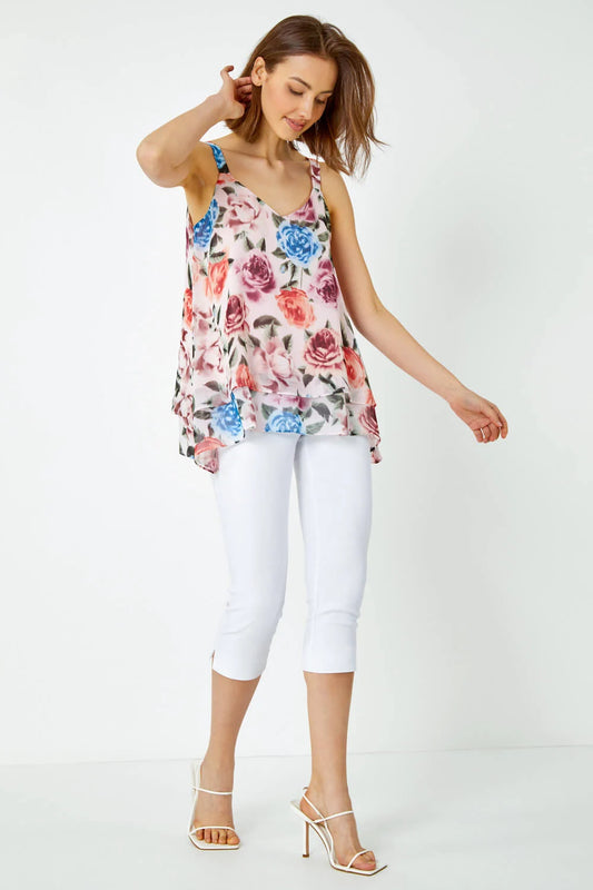 Light Pink Sleeveless V-Neck Floral Double Layer Top