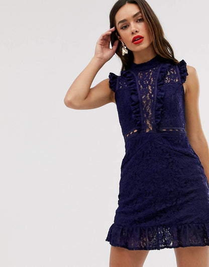 Navy Lace Ruffle Shoulder Dress