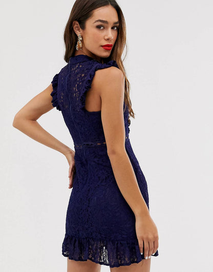 Navy Lace Ruffle Shoulder Dress