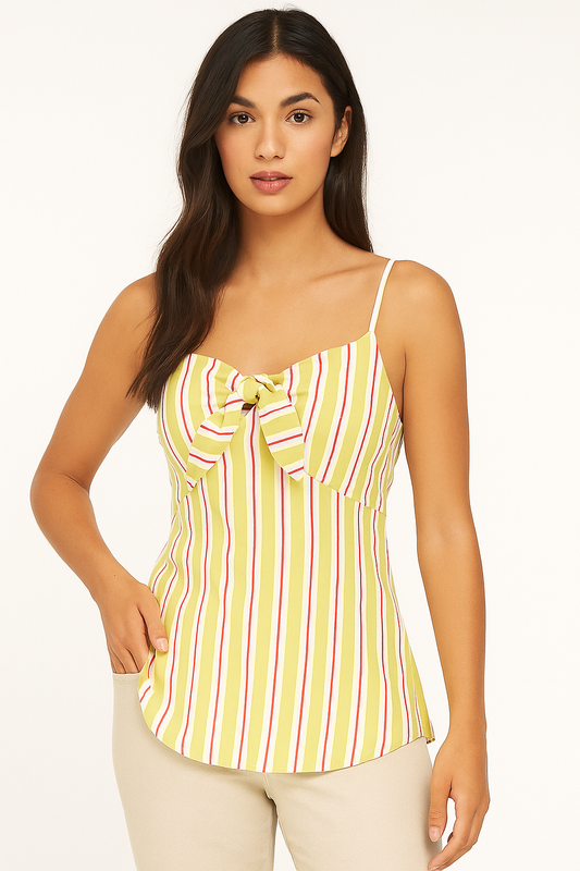 Ivory Green Stripe Cami Top Sleeveless Vest Blouse Knot Front