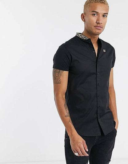 Short Sleeve Gold Tape Grandad Collar Shirt Black