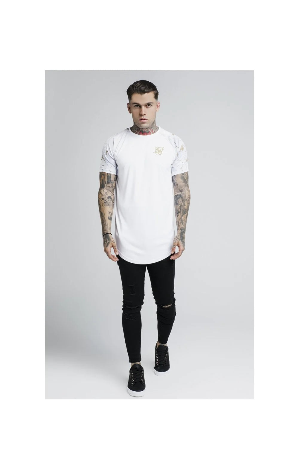Marbleise Raglan Curved Hem Tee - White & Light Grey
