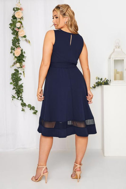 Navy Blue Mesh Panel Skater Dress