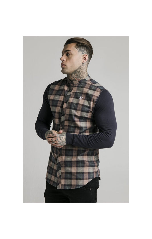 Flannel Check Grand Dad Collar Navy/Tan