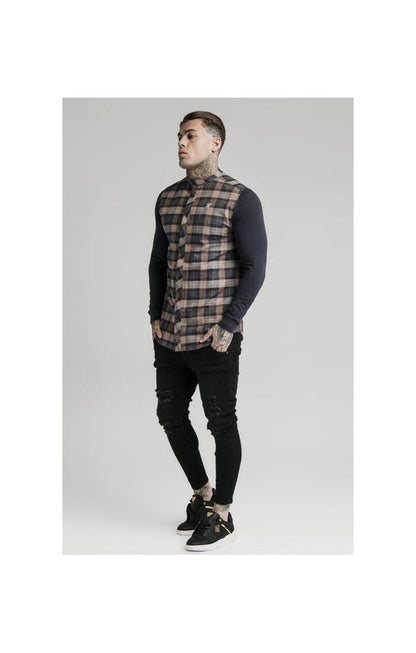 Flannel Check Grand Dad Collar Navy/Tan