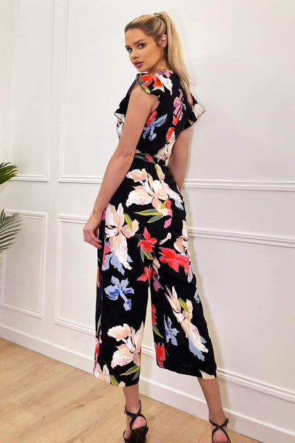 Black Floral Printed Wrap Front Belted Jumpsuit