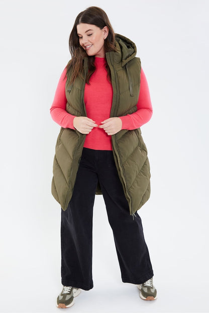 Khaki Curve Longline Hooded Padded Gilet