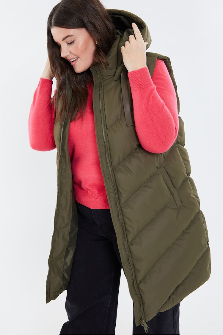 Khaki Curve Longline Hooded Padded Gilet