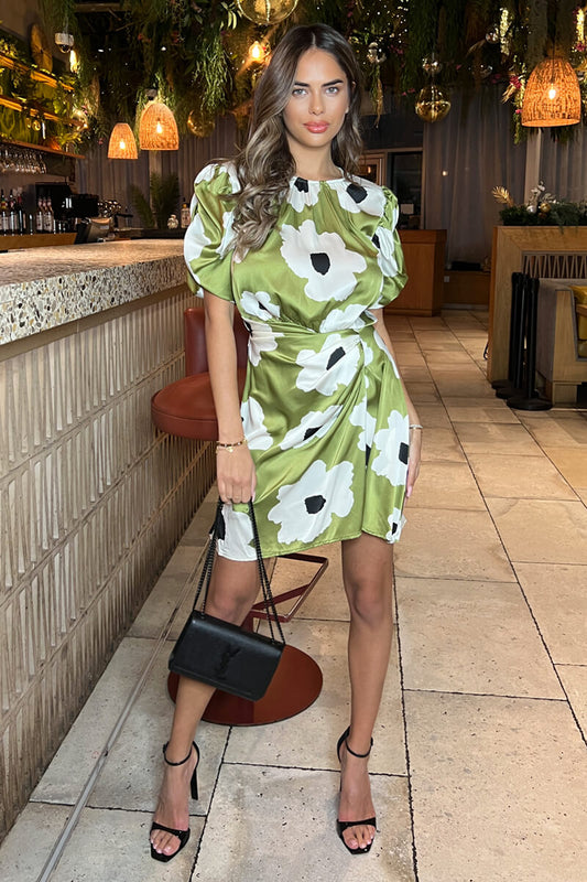 Olive Floral Printed Short Puff Sleeve Gathered Side Mini Dress