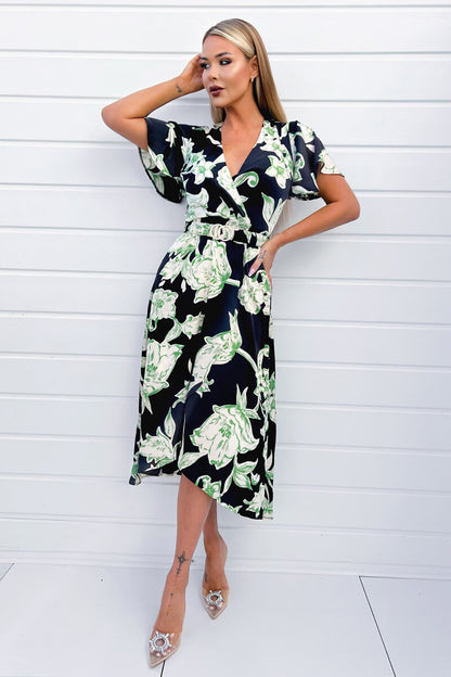 Multi Green & Black Floral Printed Short Sleeve Belted Wrap Midi Dress