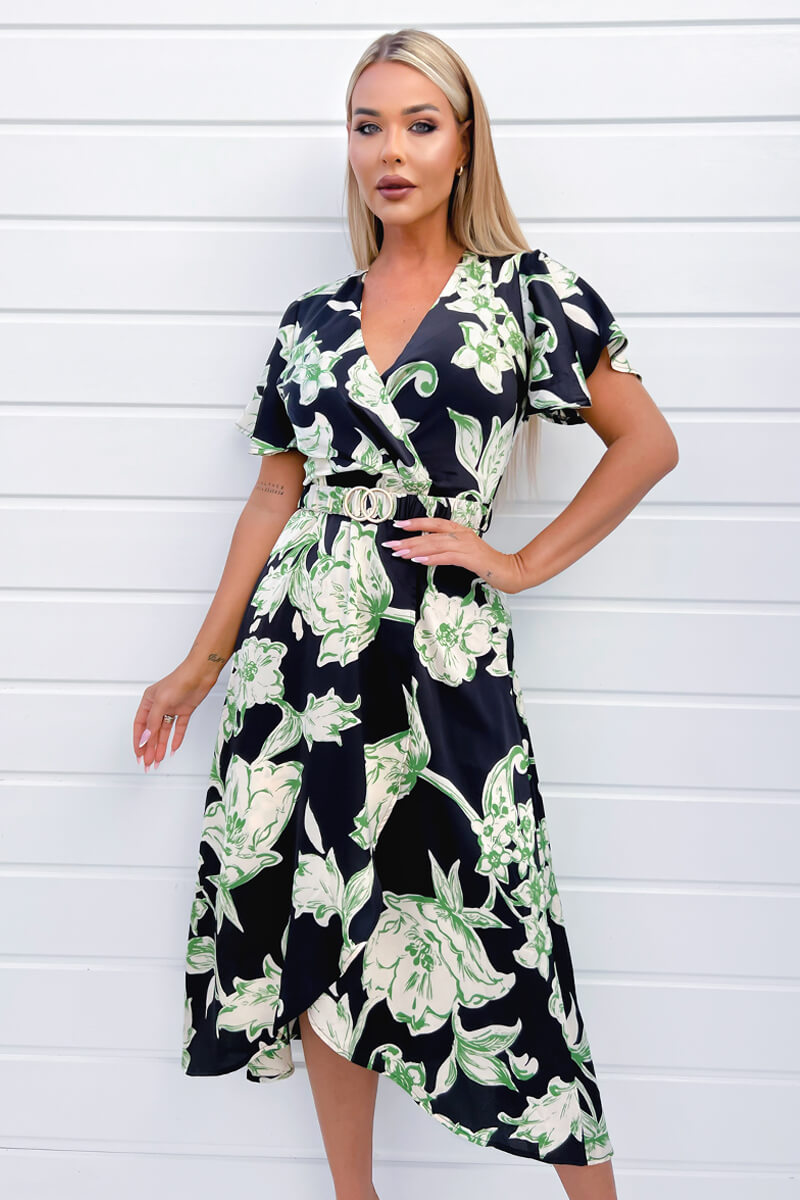 Multi Green & Black Floral Printed Short Sleeve Belted Wrap Midi Dress