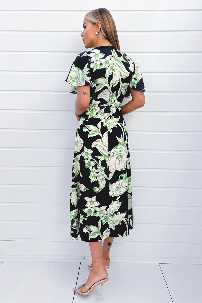 Multi Green & Black Floral Printed Short Sleeve Belted Wrap Midi Dress