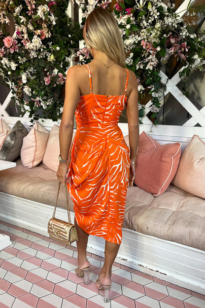 Orange Printed Strappy Midi Dress