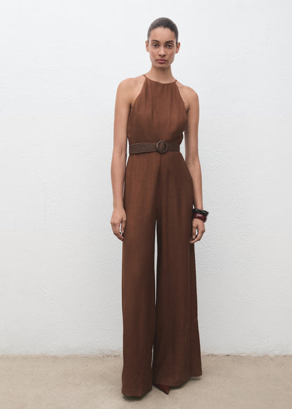Mango Halter-Neck Jumpsuit With Belt - Brown