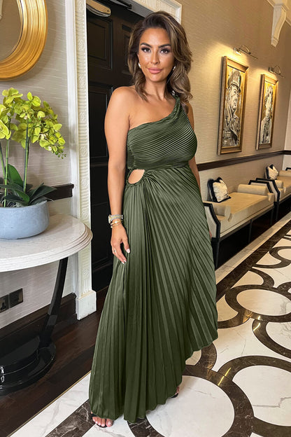 Olive Pleated Satin Dress