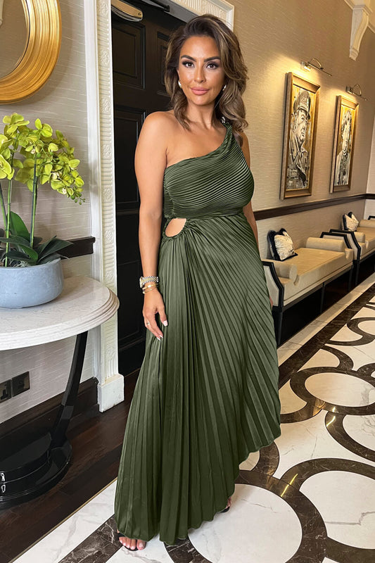 Olive Pleated Satin Dress