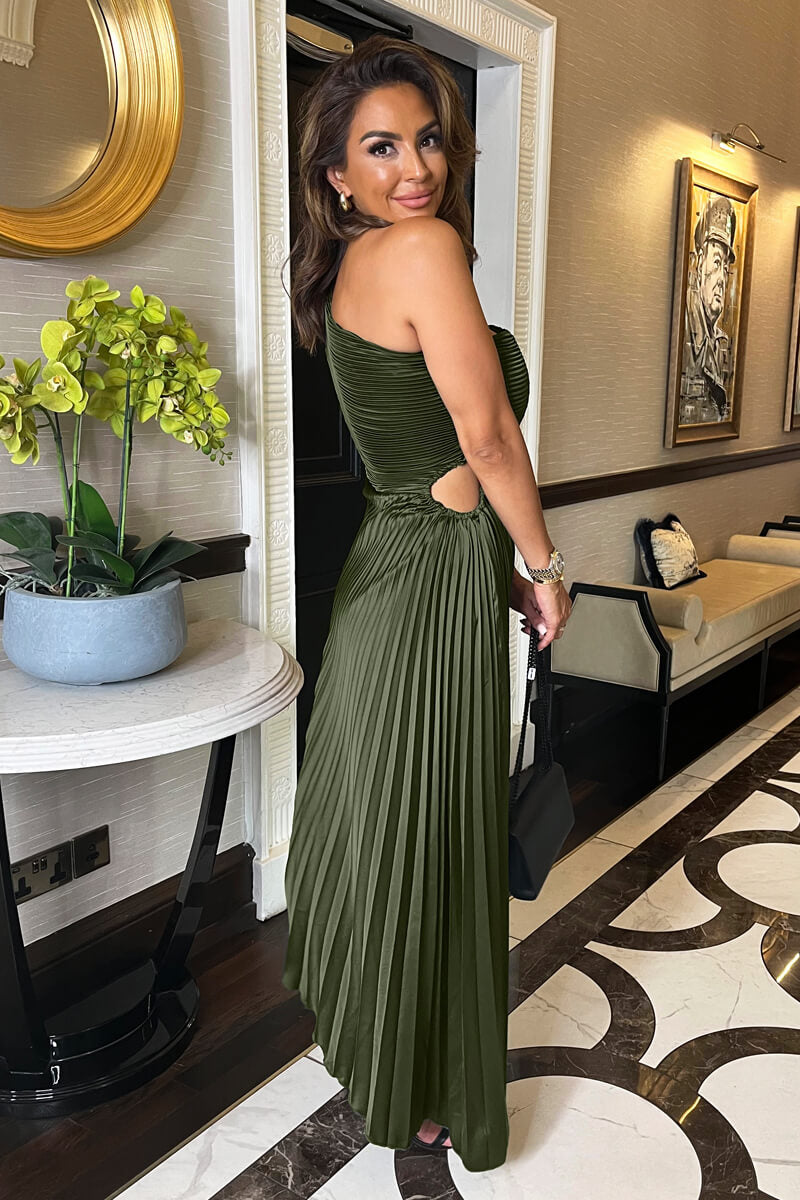 Olive Pleated Satin Dress