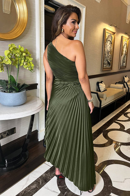 Olive Pleated Satin Dress