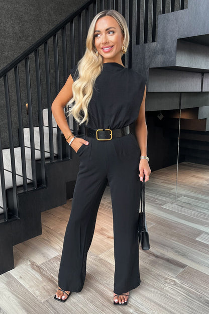 Black Boat Neck Belted Wide Leg Jumpsuit