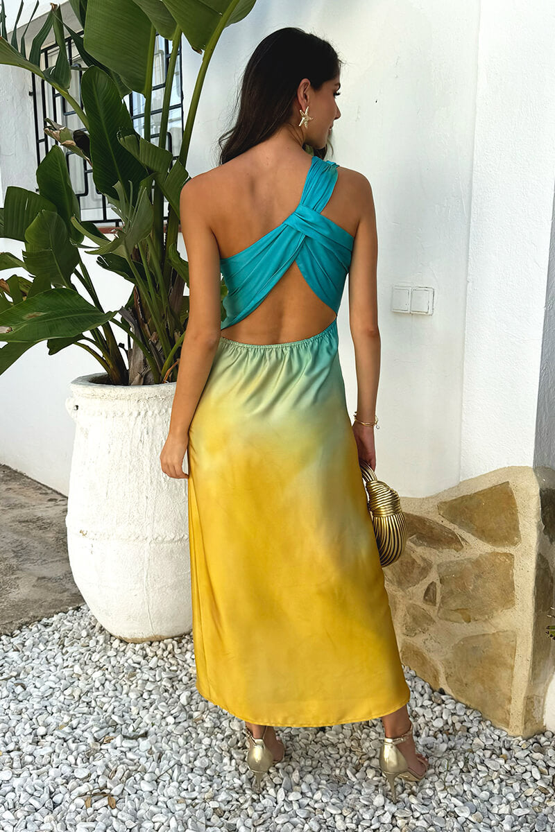 Sunset Ombre One Shoulder Open Back Twist Detail Midi Dress