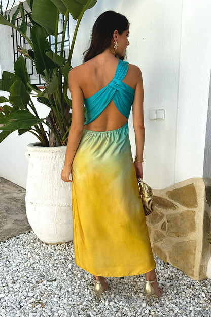 Sunset Ombre One Shoulder Open Back Twist Detail Midi Dress