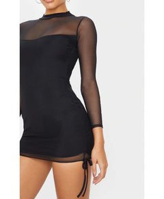 Black Mesh High Neck Bodycon Dress