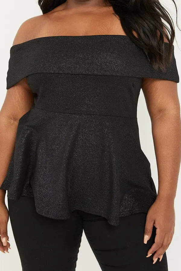 Glitter Bardot Peplum Top - Black