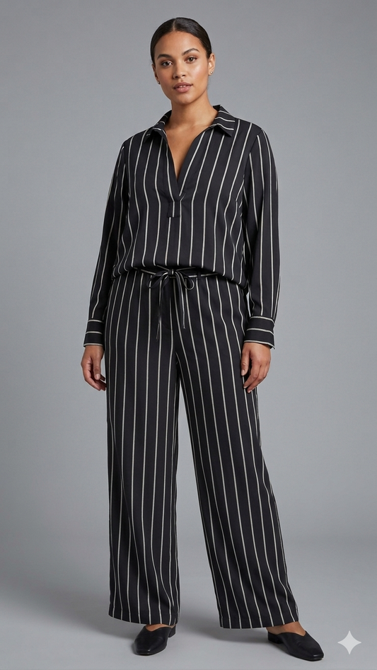 Live Unlimited Pinstripe Placket Blouse And Wide Leg Trouser Set