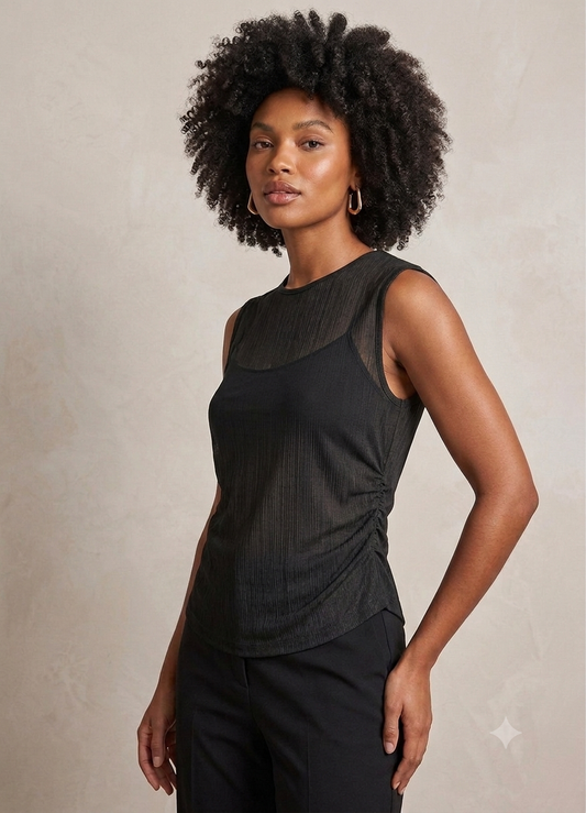 Black Textured Ruched Sleeveless Top