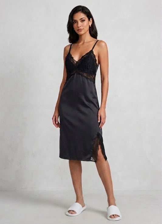 Black Satin And Lace Trim Chemise Nightwear