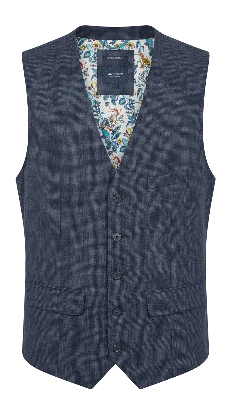 Botanical Floral Print Lining Blue Textured Tailored Waistcoat