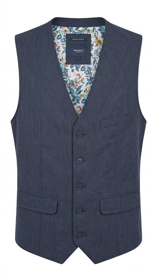 Botanical Floral Print Lining Blue Textured Tailored Waistcoat