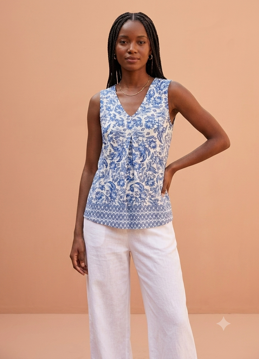 Tu White & Blue Floral Print Top