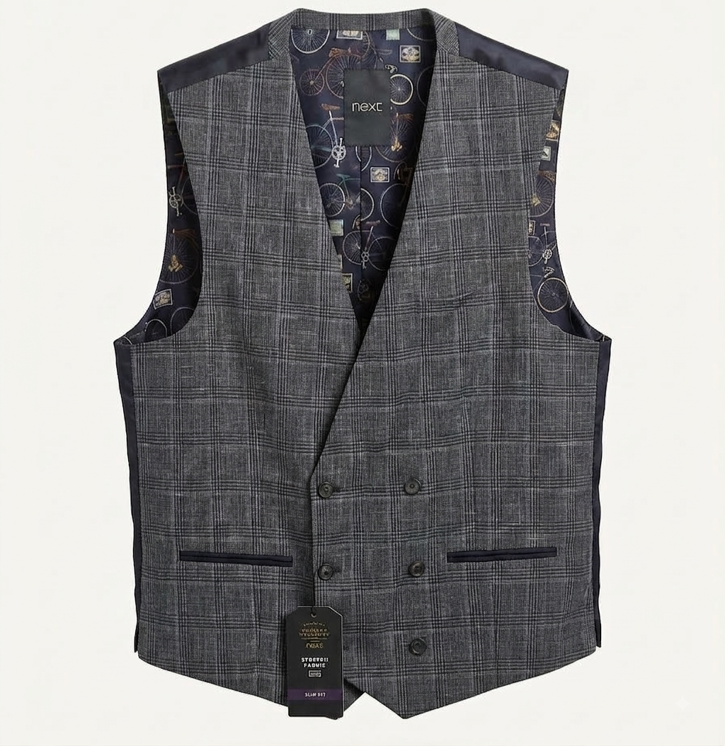 Classic Double-Breasted Check Waistcoat - Charcoal Grey