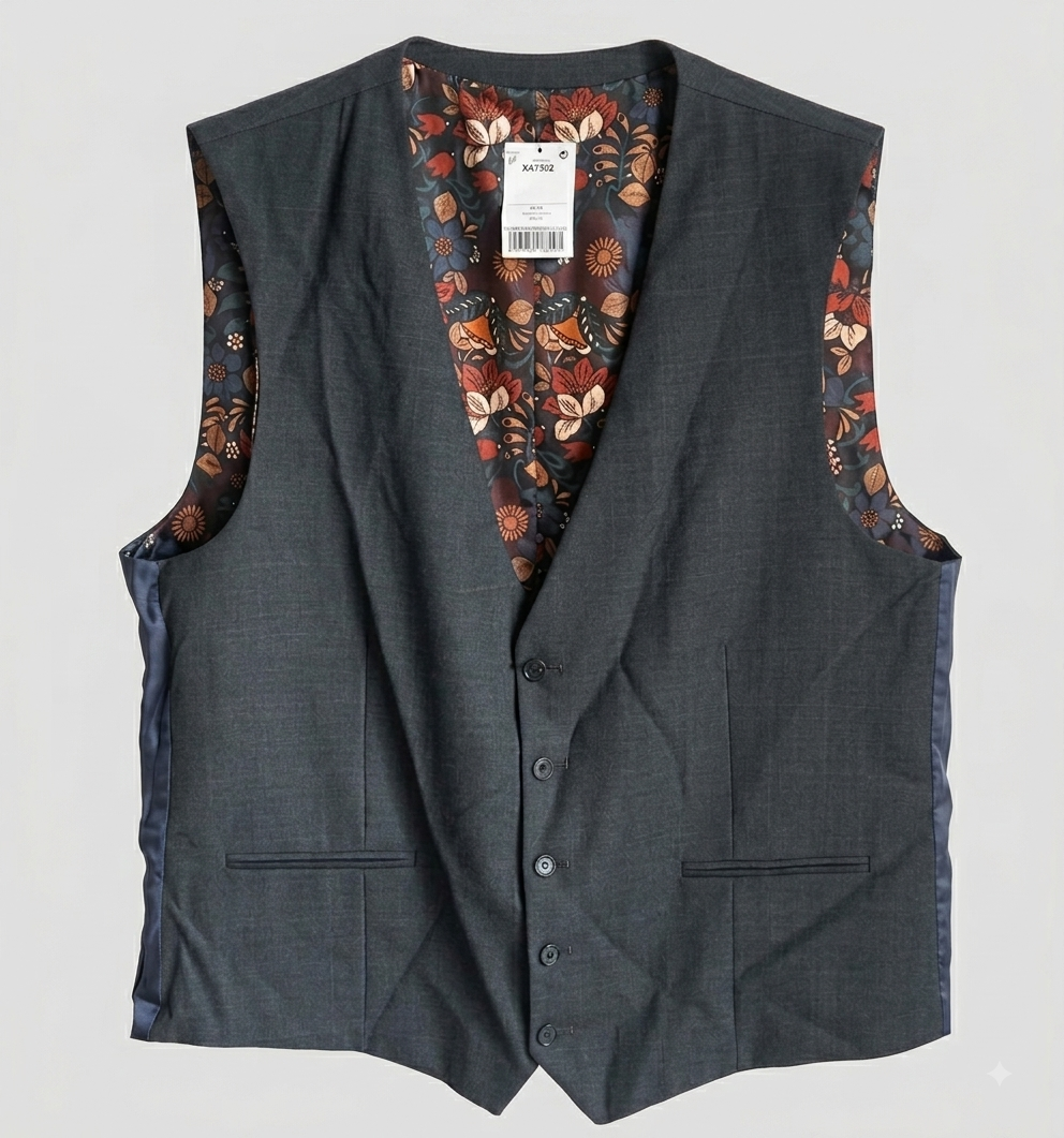Floral Printed Lining Suit Waistcoat - Navy Blue