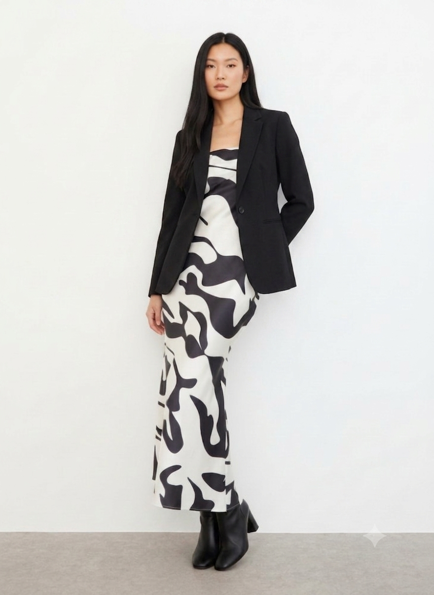 Abstract Satin Bandeau Maxi Dress