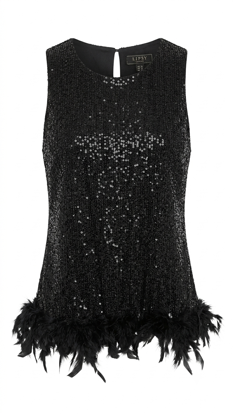 Women Sleeveless Sequin Top With Feather Trim Hem