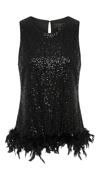 Women Sleeveless Sequin Top With Feather Trim Hem