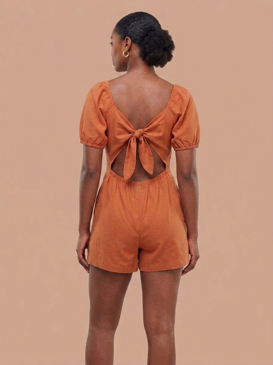 Terracotta / Rust Tie Back Puff Sleeve Playsuit