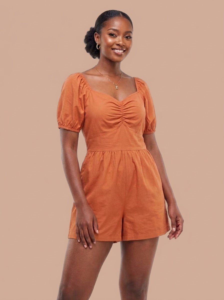 Terracotta / Rust Tie Back Puff Sleeve Playsuit
