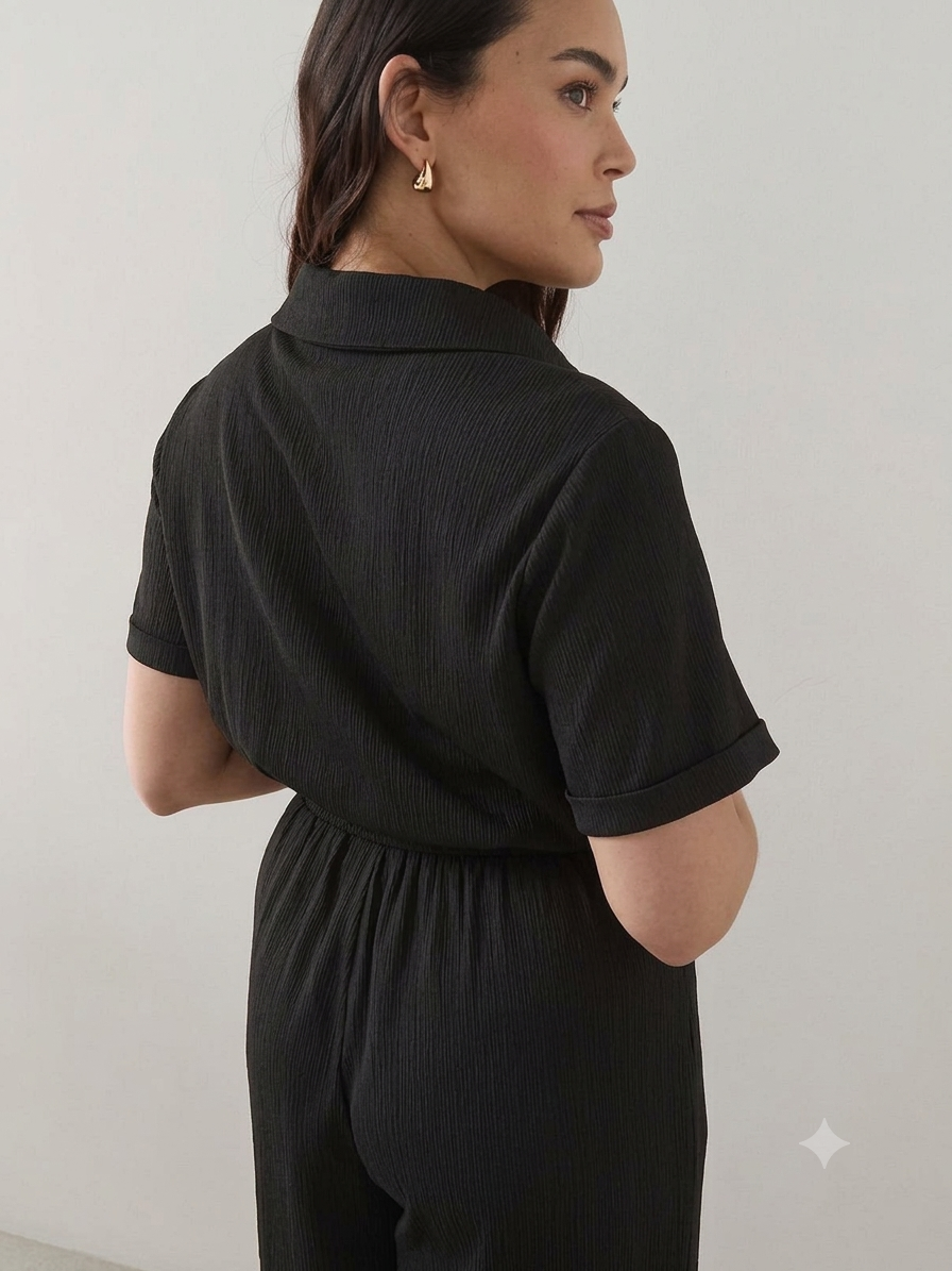 Curve Button Detail Crinkle Jumpsuit Black