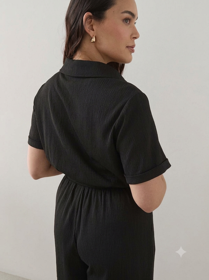 Curve Button Detail Crinkle Jumpsuit Black