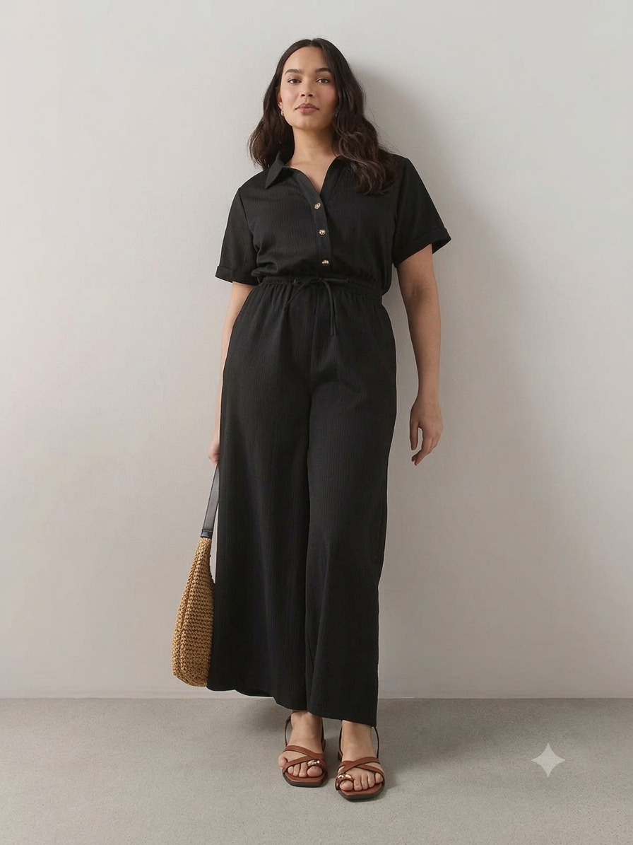 Curve Button Detail Crinkle Jumpsuit Black
