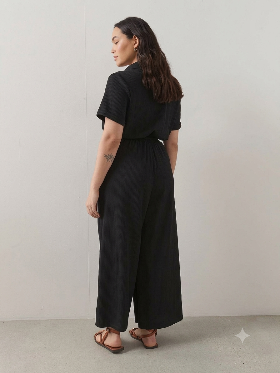 Curve Button Detail Crinkle Jumpsuit Black