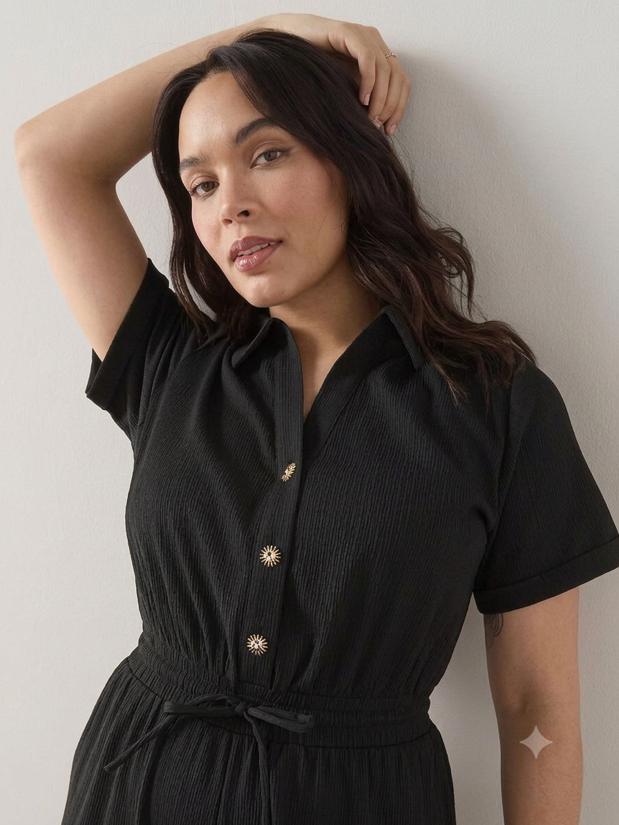 Curve Button Detail Crinkle Jumpsuit Black
