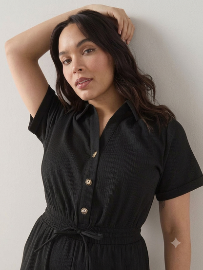 Curve Button Detail Crinkle Jumpsuit Black