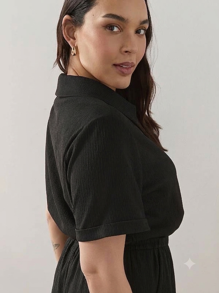 Curve Button Detail Crinkle Jumpsuit Black