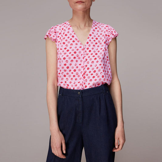 Whistles button front top in pink icon print