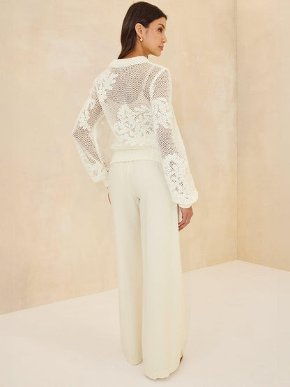 Cream Color Linen Blend Wide Leg Trouser