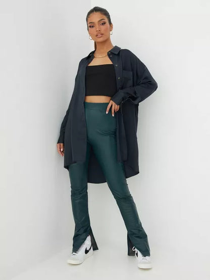 Green Stunning Pu Slit Pants